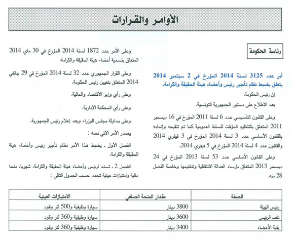 امتيازات عالية ومنح مرتفعة لأعضاء هيئةالحقيقة والكرامة (وثيقة)